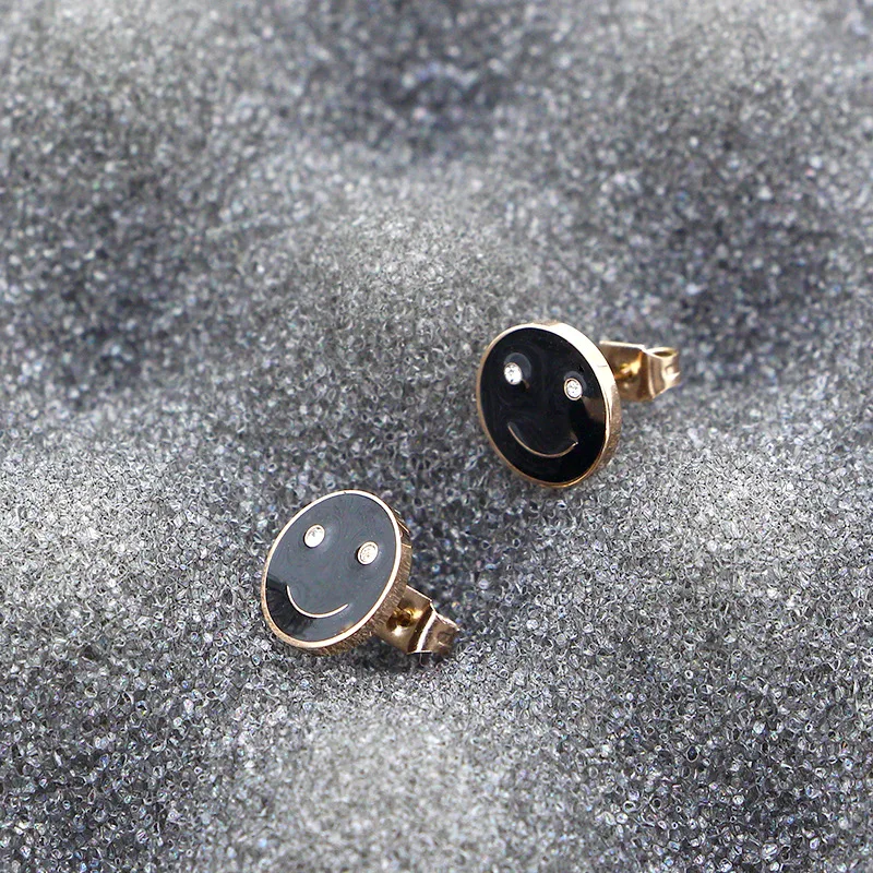 Женские серьги пусеты Martick круглые с смайликом черные/белые розового золота