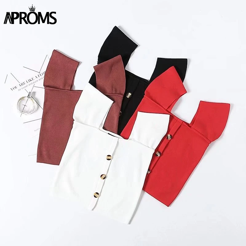 Aproms красный с плеча Трикотажная майка Для женщин пуговицах Slim Fit Crop Top белый основные майки уличная укороченные футболки