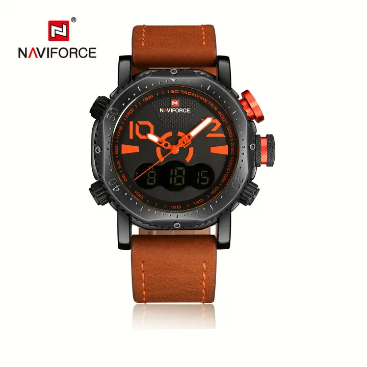 BROWN BLACK ORANGE NAVIFORCE Военный Спортивный Двойной кварцевый светодиодный цифровой аналоговый часы оранжевый кожаный ремешок водонепроницаемые мужские часы лучший бренд класса люкс - Цвет: BROWN BLACK ORANGE