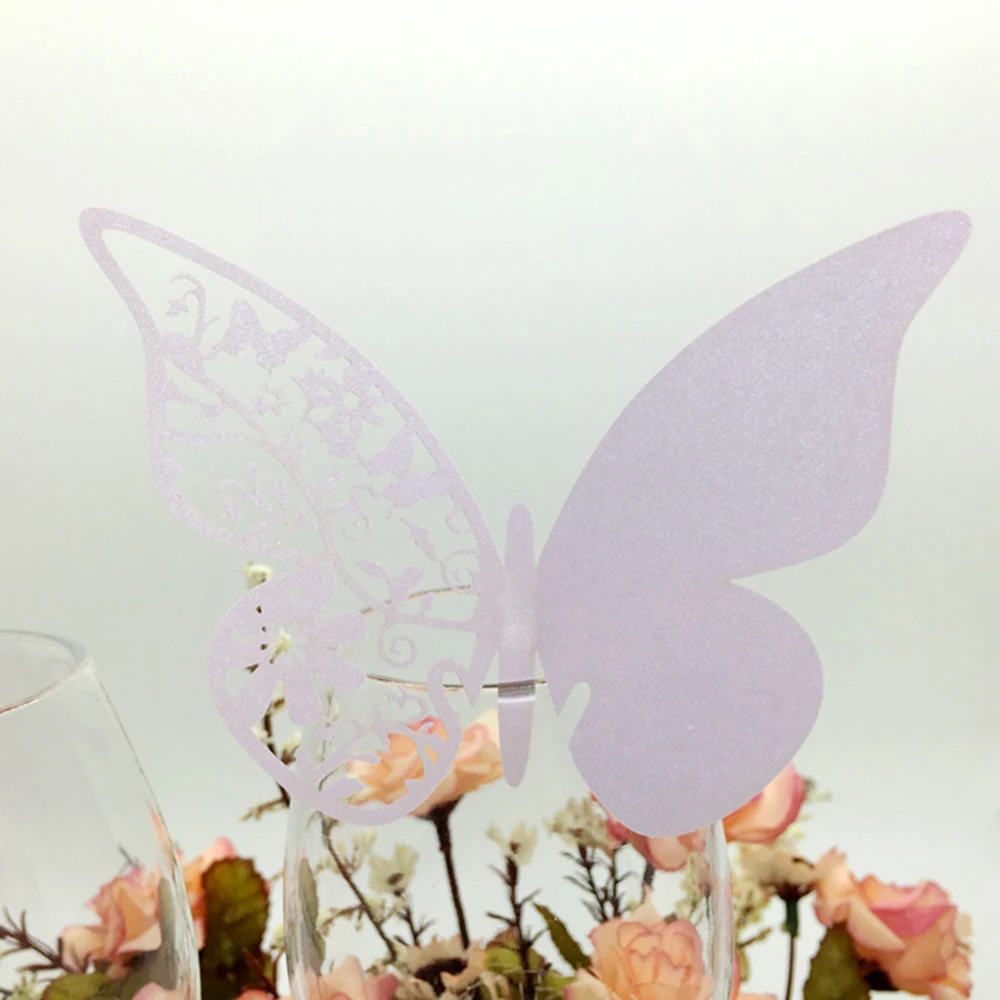Light Purple 50 шт Свадебные Открытки блестящее серебряное/золотое/фиолетовое/зеленое в форме бабочки открытка на свадьбу, день рождения, вечеринку, винное стеклянное украшение для стола - Цвет: Light Purple