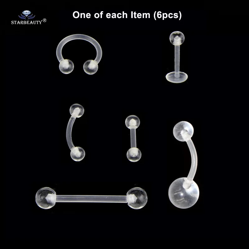 One of each item 6 шт Мягкий Прозрачный поддельный нос кольцо перегородка язык кольцо-пирсинг в язык акриловые губы спираль нос пирсинг для пупка пирсинг ниппель кольца - Окраска металла: One of each item