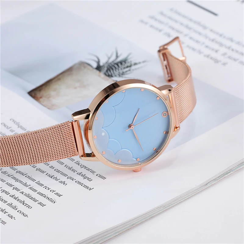 Роскошные часы Sky Cloud со стразами элегантные кварцевые женские с сетчатым