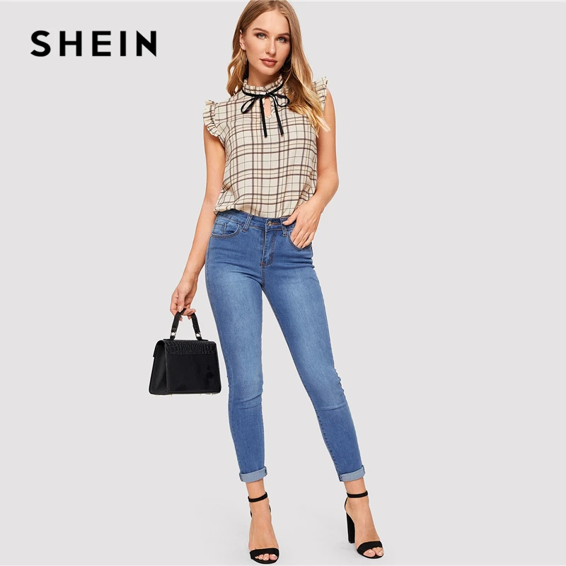 SHEIN Топ В Клетку С Коротким Рукавом, Летние Топы Без Рукавов Женская Блузка С Воротником-Стойкой Элегантные Блузки Для Офиса