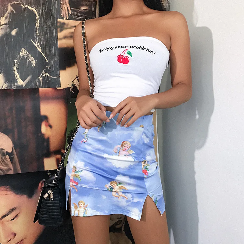 SUCHCUTE Angel Print, Сексуальная мини-юбка, Kawaii, высокая талия, юбки-карандаш, женская, с разрезом, с запахом сбоку, юбка, хлопок, летняя уличная одежда