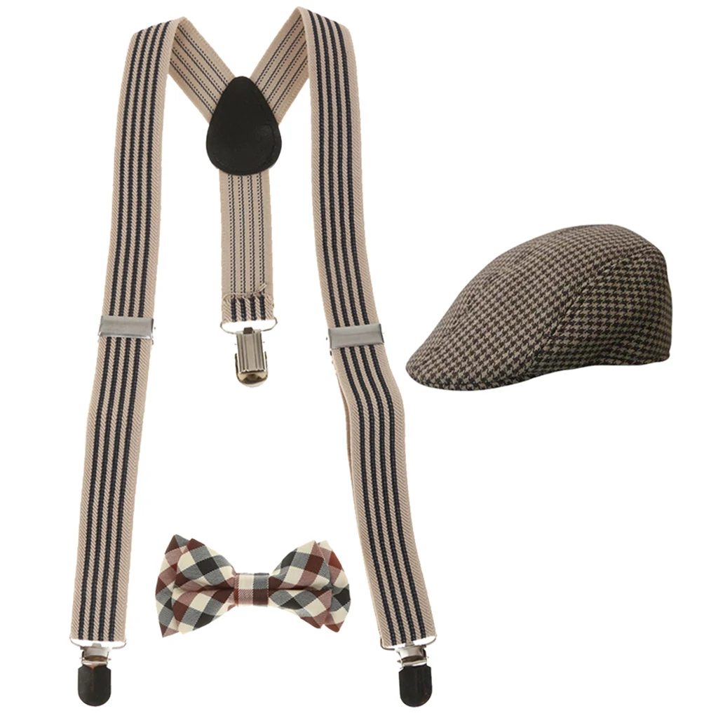 

New Fashon 1 Set Elastic Kids Y-back Suspender Clip-on Braces+Necktie +Beret Cap Hats Set Adjustable Free for The Body
