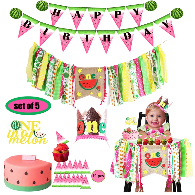 

5pcs lot Watermelon 1st Birthday Decoration Happy Birthday Banner Crown Hat with One In a Melon Cake Topper for Baby Girl Boy