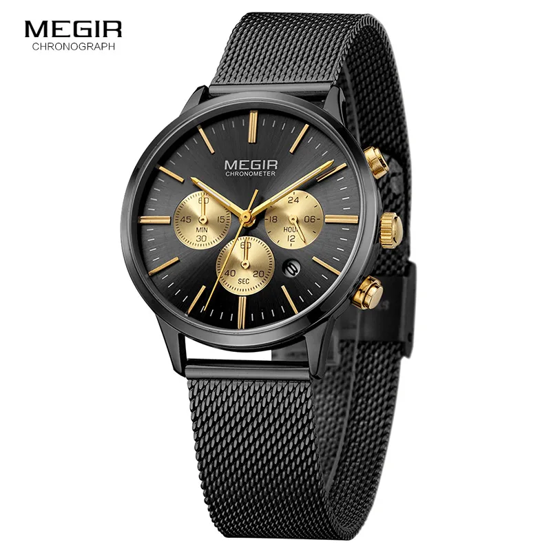 MS2011L-Black-Gold MEGIR женские кварцевые часы из нержавеющей стали с сеткой, водонепроницаемые часы, многофункциональные часы с хронографом и датой, наручные часы, черные часы - Цвет: MS2011L-Black-Gold
