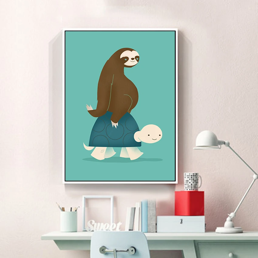 

Angel's Art Unframed Sloth On A Turtle Print Home Decor Canvas Oil Painting