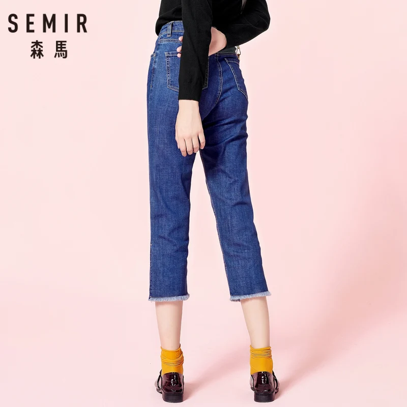 SEMIR Women Calf-Length Jeans with Slits at Hem Women's Slim Fit Cotton in Washed Denim Raw-Edge Chic Style |