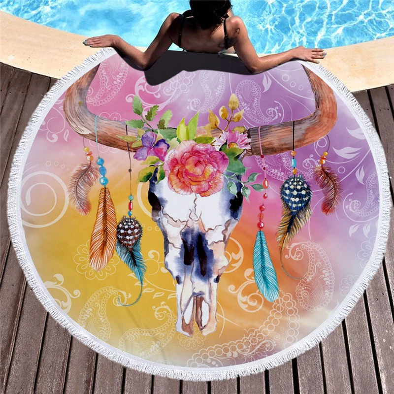 

Casegrace Microfiber Animal Bath Towel With Tassels Soft Dream Catcher Round Beach Towels For Adults Skull Yoga Mat Blanket