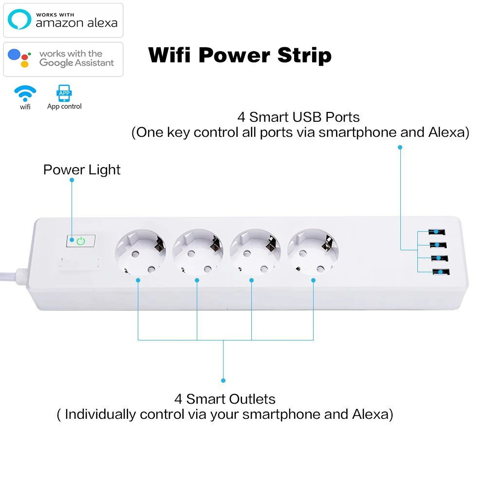 Tuya smart wifi power strip стандарт ЕС с 4 разъемами и 4 usb-портами, совместимыми с Amazon Alexa и Google Nest