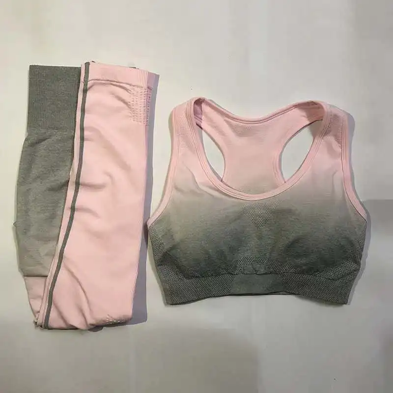 1111 WX TZ Gray Pink Kaminsky, новинка, бесшовный комплект из 2 предметов с эффектом омбре для фитнеса, бюстгальтер, топ со съемной подушечкой, бюстгальтер для тренировок с эффектом пуш-ап, спортивная одежда, спортивный комплект - Цвет: 1111 WX TZ Gray Pink