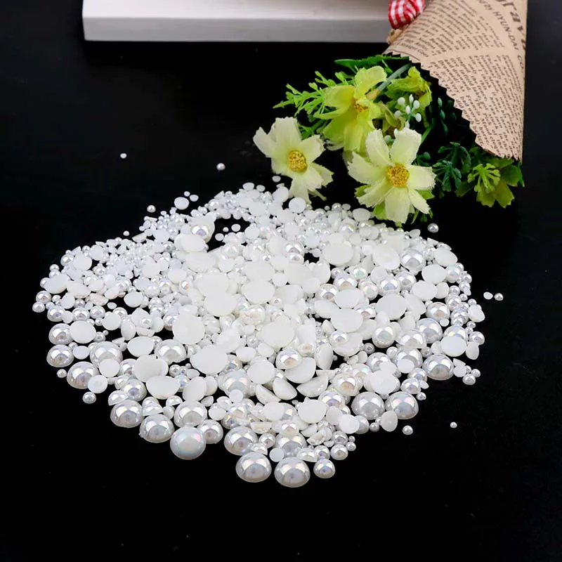 

1000pcs Mixed size Imitation Pearls Half Round Flatback Shiny Rice White Beads Nail Art DIY Rinestone Decoration Manicure Tools
