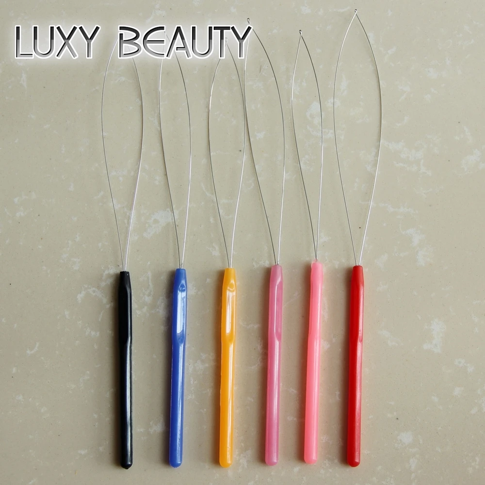 12Pcs Plastic Handle Hook Loop Threader 6 Colors For Micro Loop Hair /Nano Ring Beads Cold Fusion Hair Extensions Needles