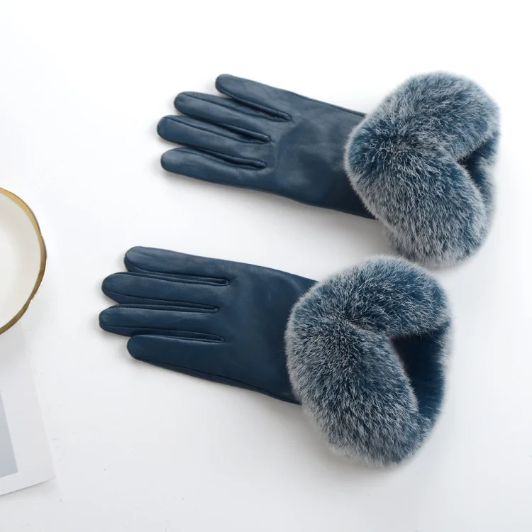 Зимние женские перчатки из овчины теплые бархатные с кроликами Рекс зимние