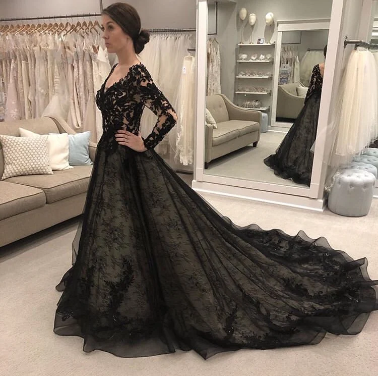 Vestido De Noiva черное свадебное платье es с длинным рукавом v-образным вырезом кружевное свадебное платье А-силуэта с аппликацией свадебное платье вышитое бисером с цветом