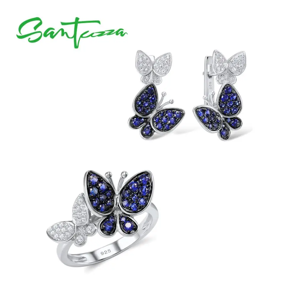 SANTUZZA-Conjunto de joyería para mujer, de Plata de Ley 925 auténtica, pendientes de mariposa azul preciosa, anillo, joyería brillante de CZ