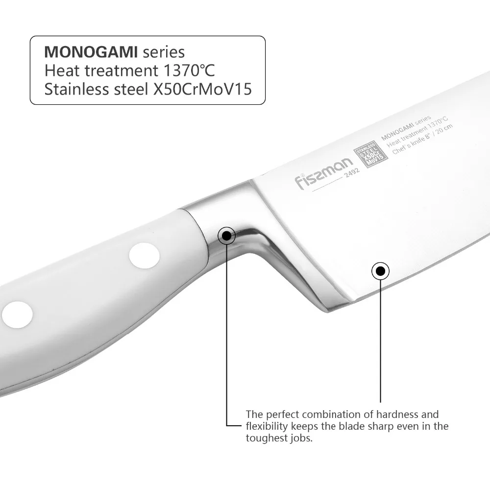 Нож шеф повара FISSMAN 8 ''MONOGAMI (сталь X50CrMoV15) белая китайская Ручка 5cr15mov: 430 # Bolster +