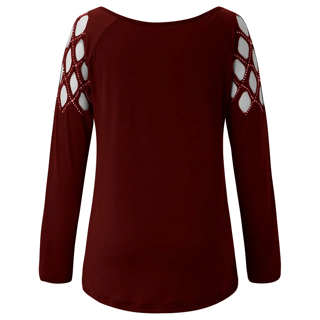 Feitong Blouse Women Blusas Fashion Plus Size Autumn Crew Neck Hollow-Out Studded Long Sleeve Shirts Casual Tops блузка женская