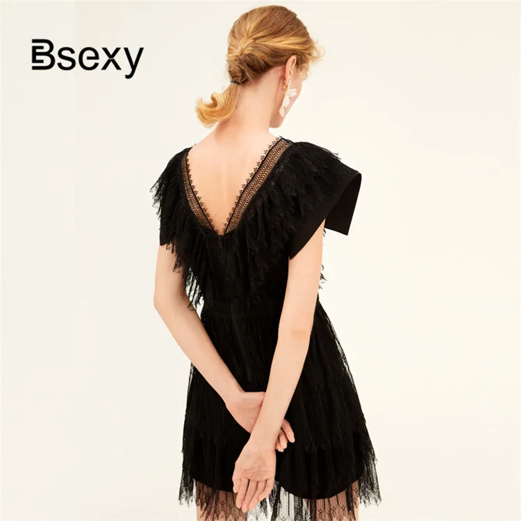Женская сексуальная маленькая чёрная одежда 2019 двойной v воротник кружева неделя