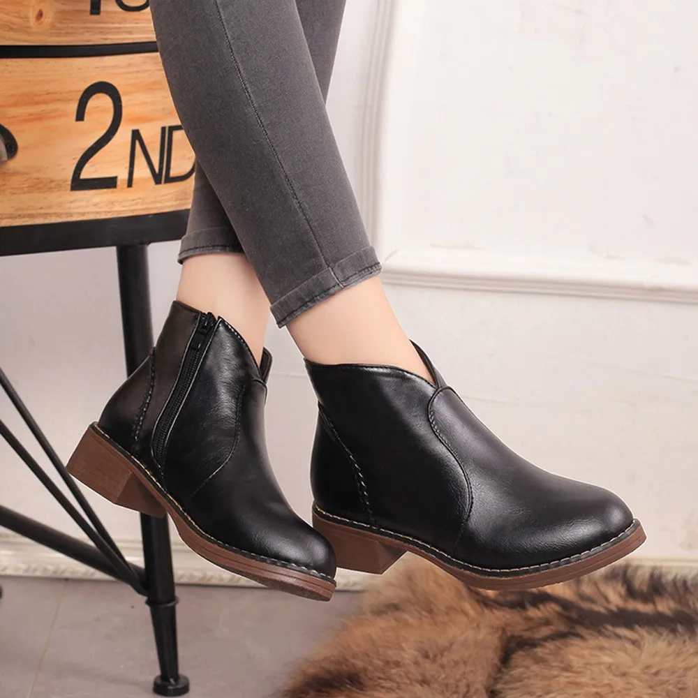 Женские ботинки Модные однотонные кожаные Ботинки Martin на молнии средней высоты