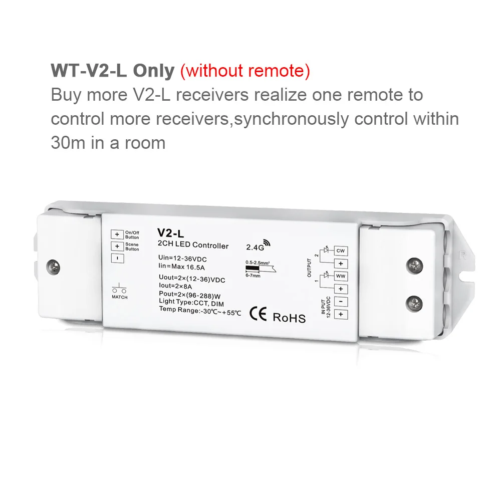 V2-L Dimmer Only Светодиодный диммер CCT 12 В 24 в 36 в RF беспроводной 2,4G пульт дистанционного управления Smart Wifi 2CH WW CW Светодиодный контроллер для CT одноцветная Светодиодная лента V2-L - Цвет: V2-L Dimmer Only