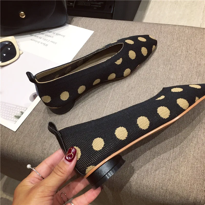 2019 Luxury Women Designer Low Heels Ballerina Flats Comfortable Lady Polka Dot Knitted Ballet Black Red Party Boat Shoes | Обувь