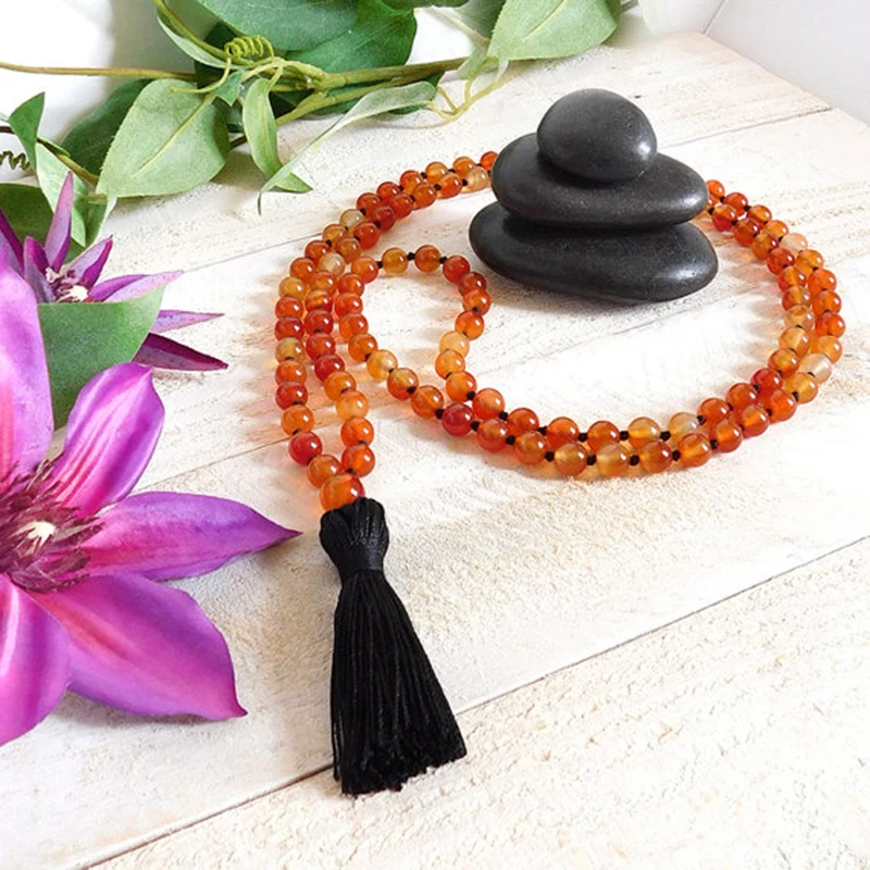 Creativity Mala 108 Stone Jewelry Black Tassel Healing Yoga Necklace Hand Knotted Carnelian Necklace