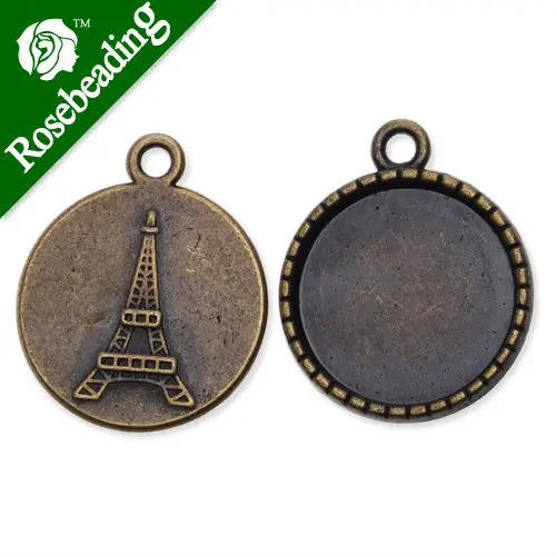 

Antique Bronze Plated Pendant trays for 18mm Cabochon with Eiffel Tower at Other Side,round pendant trays,sold 100pcs per pkg