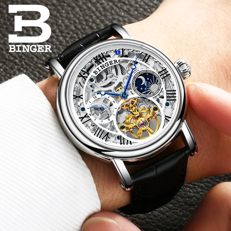 

Fashion Tourbillon Mechanical Watches BINGER New Automatic Watch Men Leather Strap Moon phase Sapphire Waterproof Montre Homme