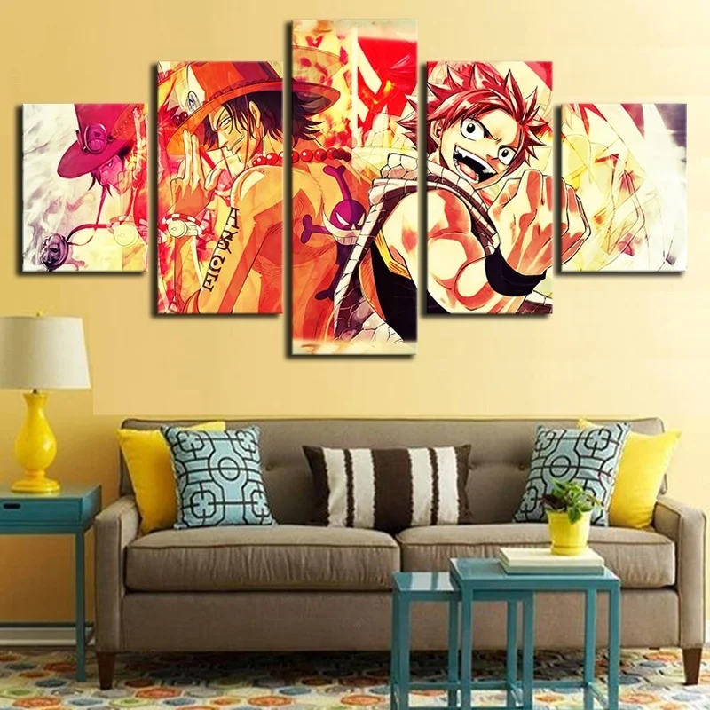 Картина на холсте домашний декор 5 панелей Аниме One Piece Portgas D Ace And Fairy Tail Natsu