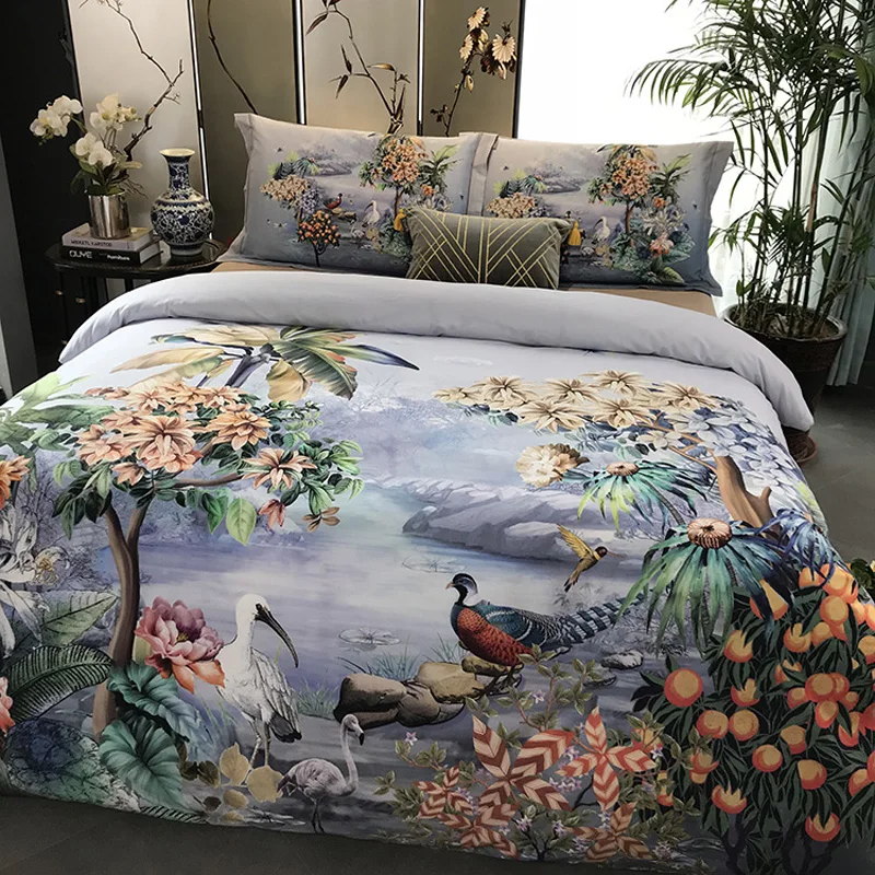

100% Cotton Sanding Printed Flower Bedding Set Wedding Bed Sheet set Duvet Cover Pillowcase Queen King 4pcs Animal peacock bird
