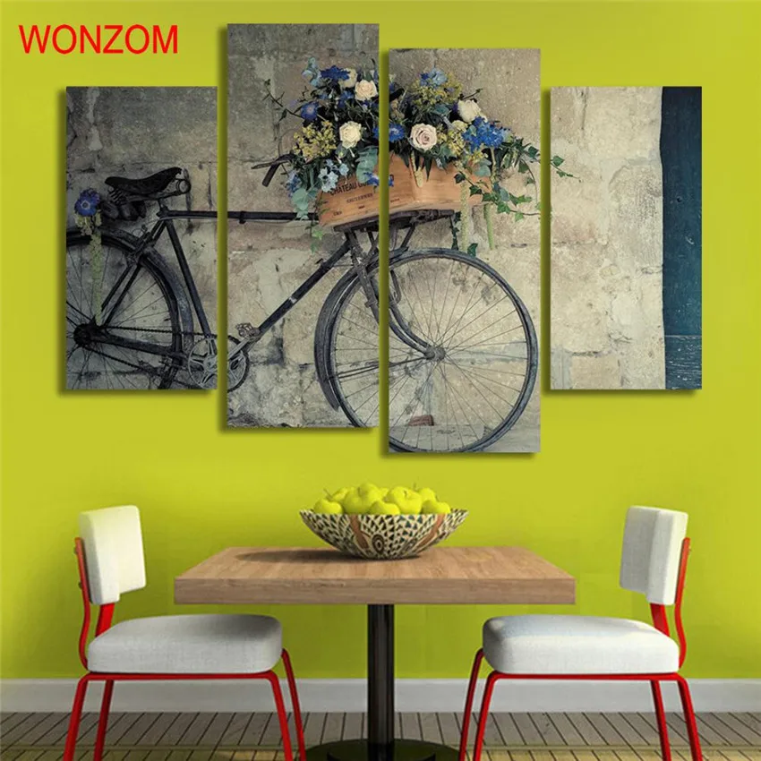 4Pcs Bike Basket Flowers Canvas Painting Modern On Cuadros Abstractos 2017 Wall Picture For Home Decoration Gift | Дом и сад