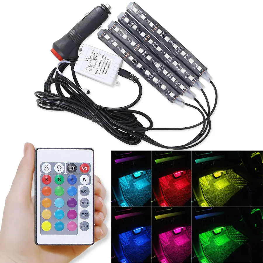 RGB 4x9smd 4 шт. Led RGB полосы светильник крытый светильник 12smd 9smd-led автомобиля светодиодная лента RGB светильник Атмосфера лампы 12V красочный пульт дистанционного управления Крытый настенный светильник - Испускаемый цвет: RGB 4x9smd