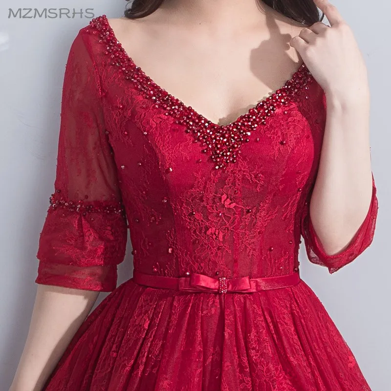 Женское вечернее платье с а-силуэтом Бордовое до пола V-образным вырезом и