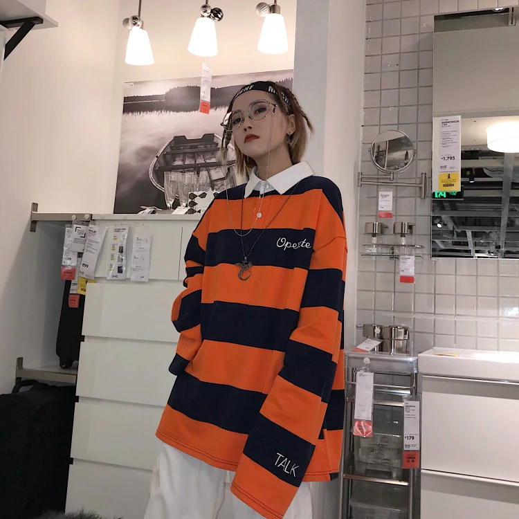 2019 осень Для женщин и мужчин с длинным рукавом оранжевый Цвет рубашка поло модный