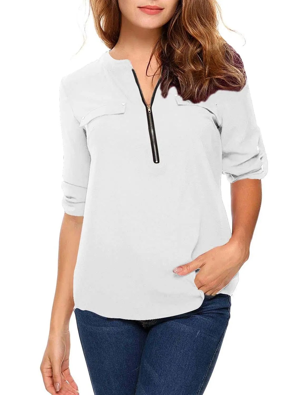 Женская блузка на молнии с металлическим украшением однотонная розовая рубашка