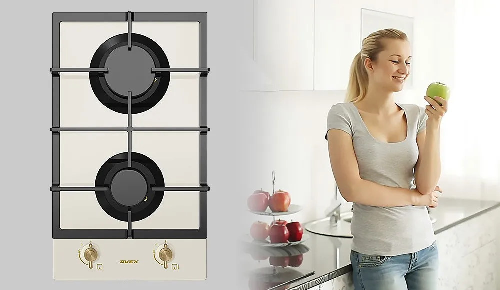 Встраиваемая панель с газконтролем, с чугунными решетками AVEX HM 3022 RY бежевое закалённое стекло, ручки бронза