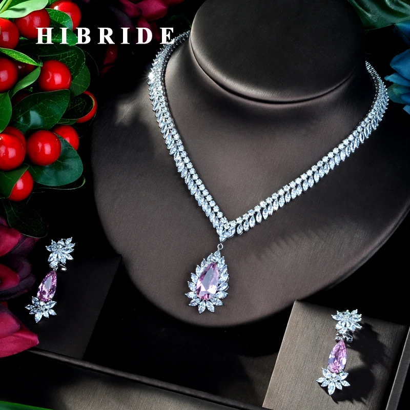 

HIBRIDE Shiny Pink Color Water Drop AAA Cubic Zircon Necklace Dubai Dress Jewelry Set White Gold Color Necklace Sets N-816