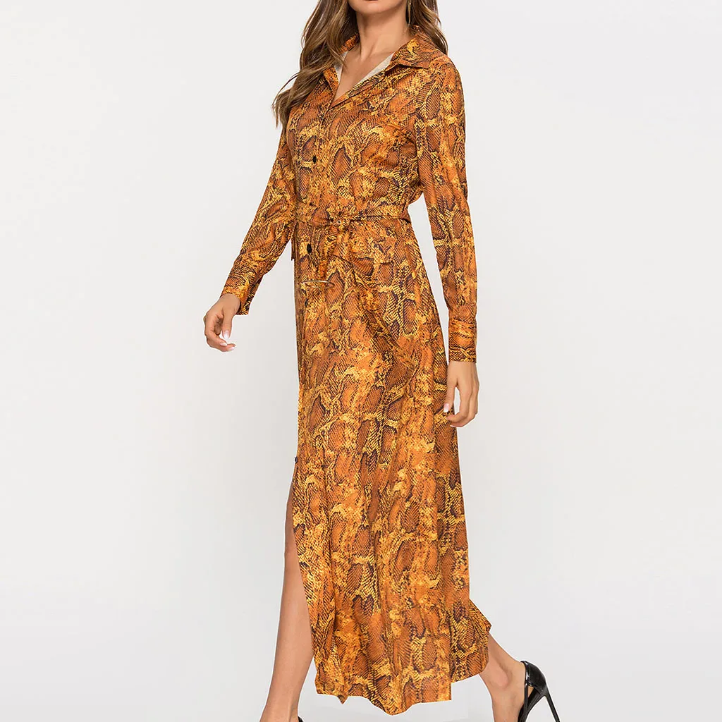 JAYCOSIN Snake Skin Print Vintage Maxi Dress Women Clothes Autumn Long Sleeve Sexy Party Office Ladies Dresses dropshipping 429W | Женская