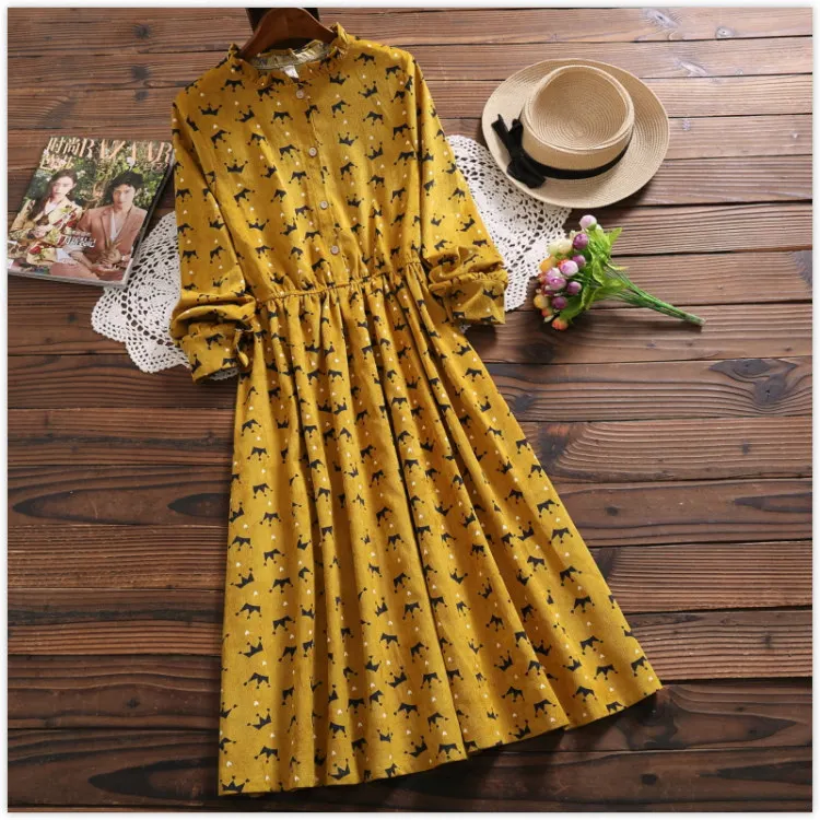 Осень-зима, с принтом короны, mori girl, элегантное, vestidos, Новое поступление, вельветовое, с длинным рукавом, милое платье