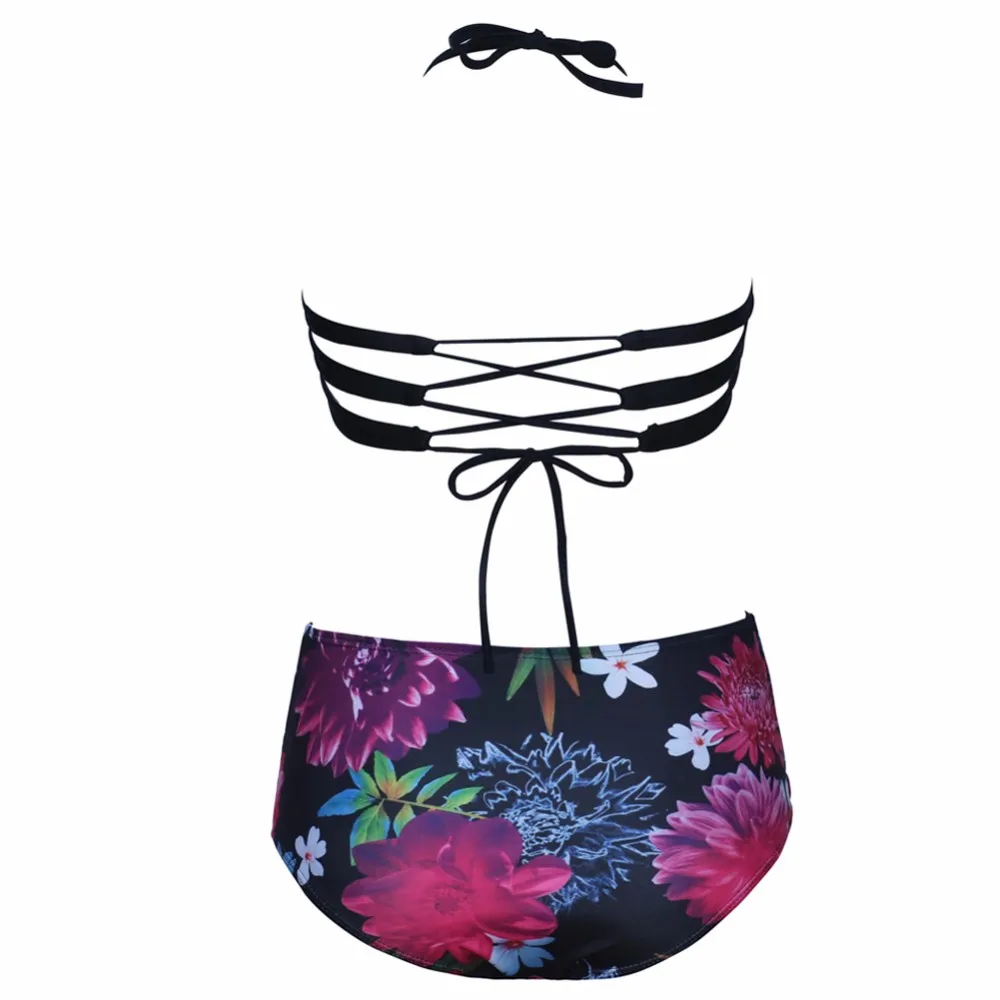 2017 High Waist Floral Print Bikini Set Women Sexy Halter Beach Bathing Suit Swimwear |