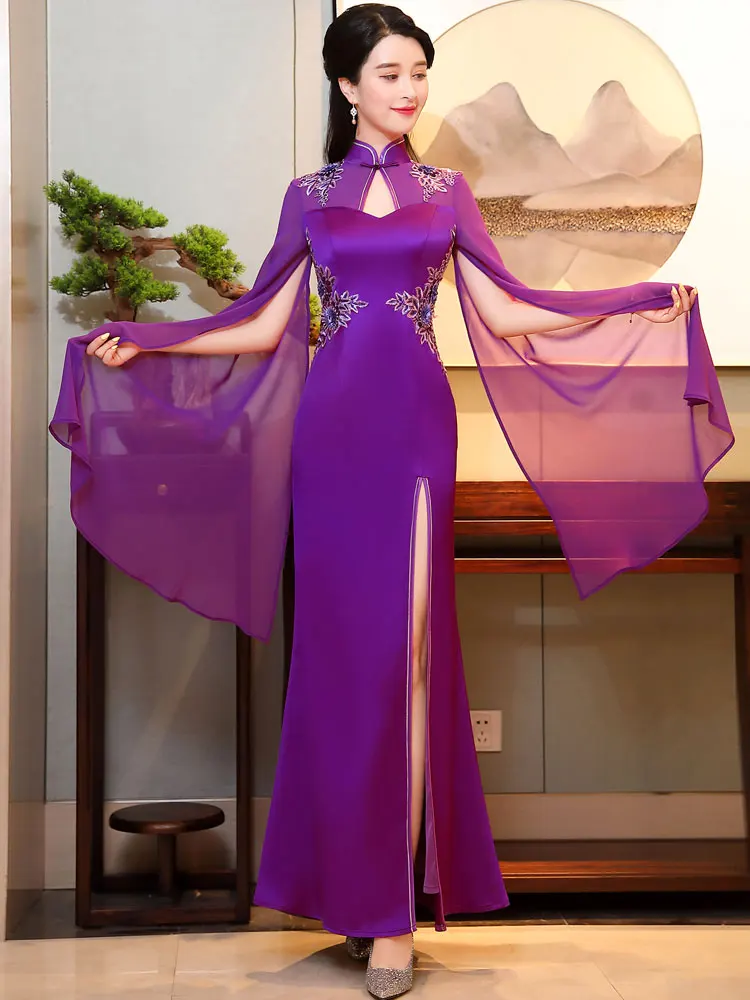 Сексуальное Тонкое раздельное длинное платье Qipao Nevoly для женщин сценическое платье китайский стиль вышивка Чонсам с цветами большой размер XXXL