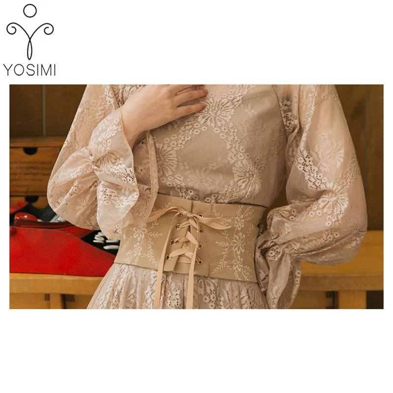 YOSIMI летнее платье Макси винтажное женское кружевное длинное платье для женщин с длинным рукавом сказочное вечернее платье туника Бандажное платье