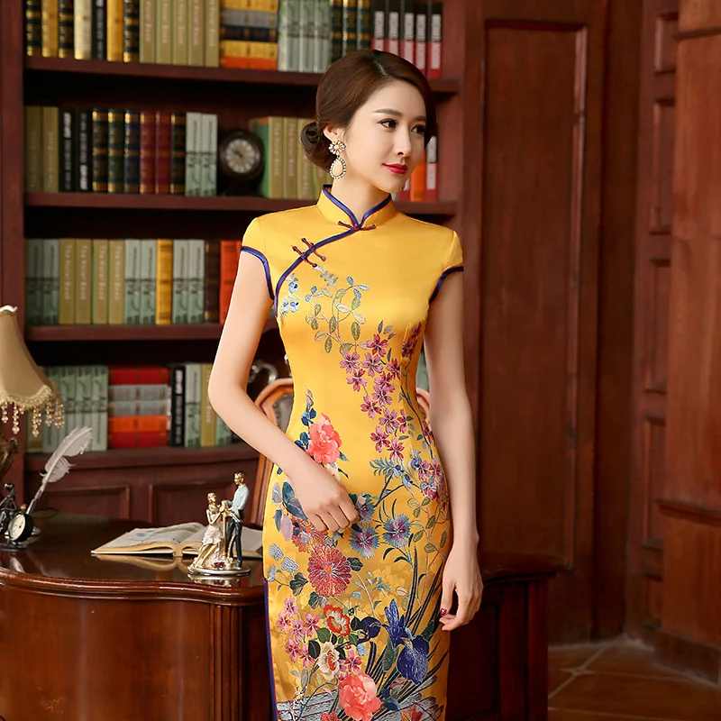 SexeMara/Новое поступление дизайнерское желтое женское шелковое сатиновое длинное