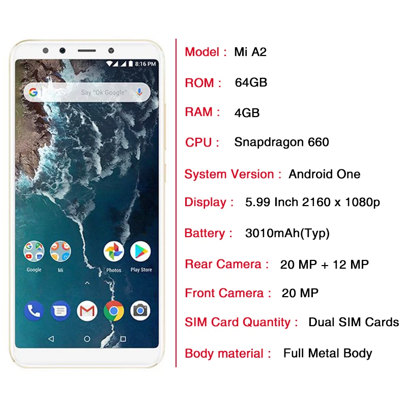 В наличии глобальная версия Xiaomi Mi A2 4 Гб 64 Смартфон AI двойная камера 20 МП Snapdragon 660