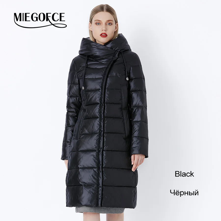 MIEGOFCE Новая Зимняя Женская Коллекция Зимний Женский Пуховик Длинное Женское Пальто с Капюшоном Женская Зимняя парка Европейский Стиль Женский Био Пух На Молнии Теплая Ветрозащитная Куртка Пуховик Женский Зимни - Цвет: 201 Black