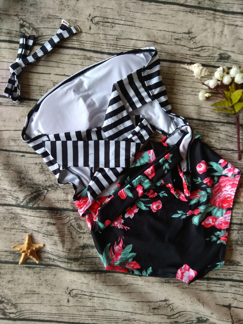 Uttu зеленый лист печати купальник в полоску Высокая талия Купальник лоскутное Для