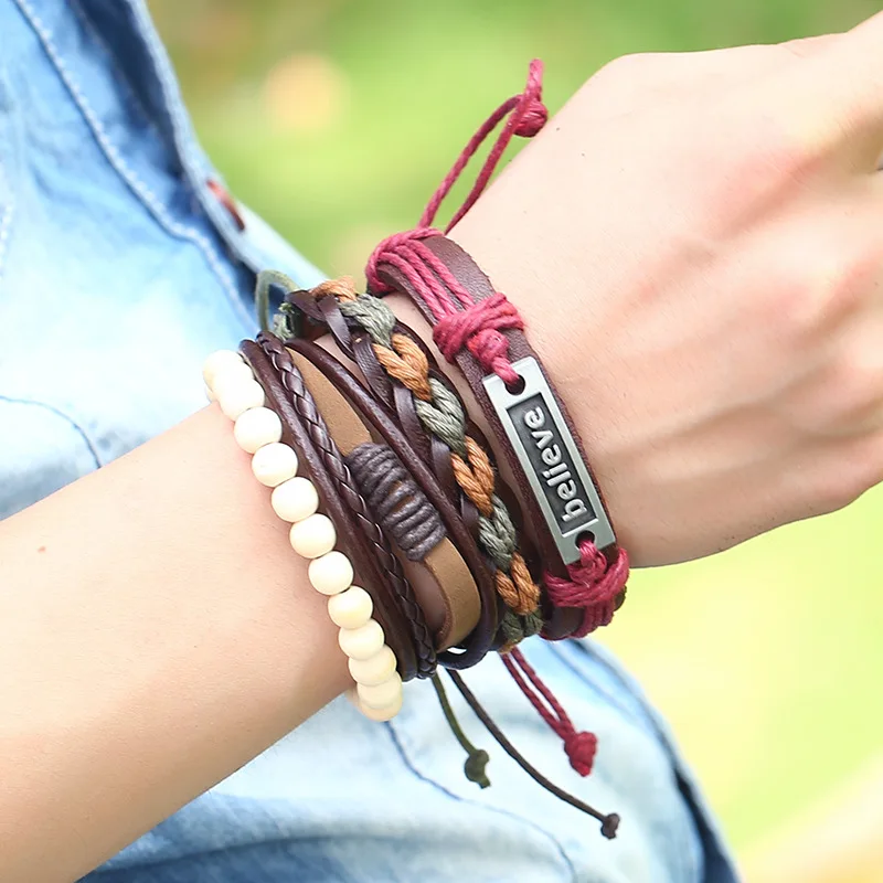 4 шт./компл. Boho Gypsy хиппи панк темно коричневый кожаный верьте слово тег Шарм