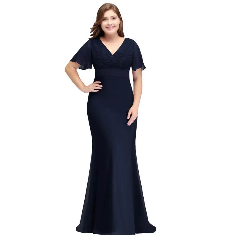 Navy Blue Шифоновое платье русалки размера плюс, длинное платье для выпускного вечера, v-образный вырез, короткий рукав, платье vestidos de gala - Цвет: Navy Blue